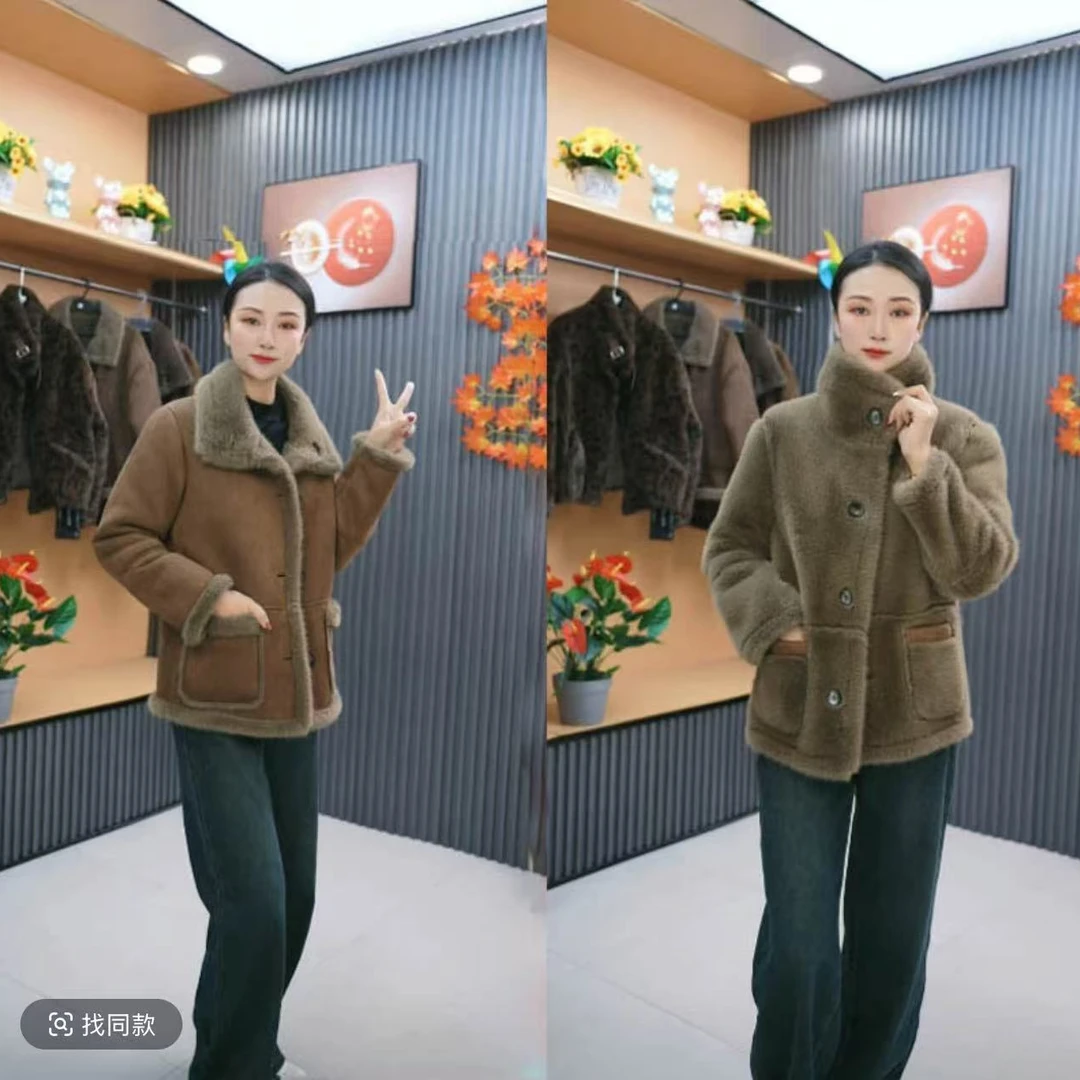 2024新款秋冬时尚外套皮毛一体双面穿百搭女士宽松上衣加厚外套
