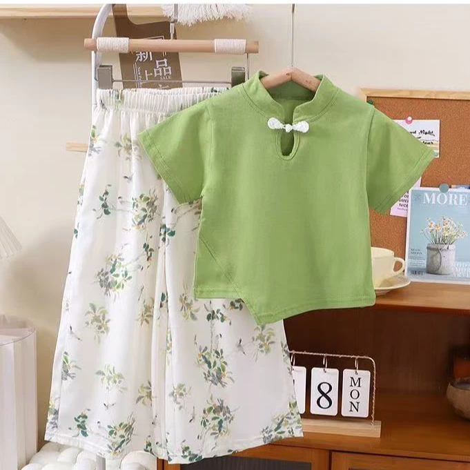 女童夏季新中式国风套装2025新款洋气盘扣短袖儿童两件套童装K2