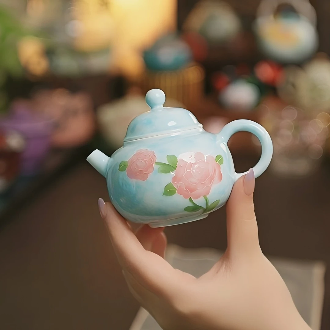 蓝玫瑰纯手绘堆绘小清新女士泡茶功夫茶具陶瓷茶具德中壶（130ml）