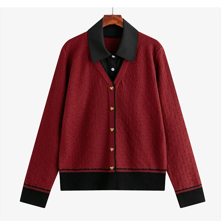 【涵胖胖】大码女装POLO领拼接针织衫胖mm2024秋冬假两件长袖22770