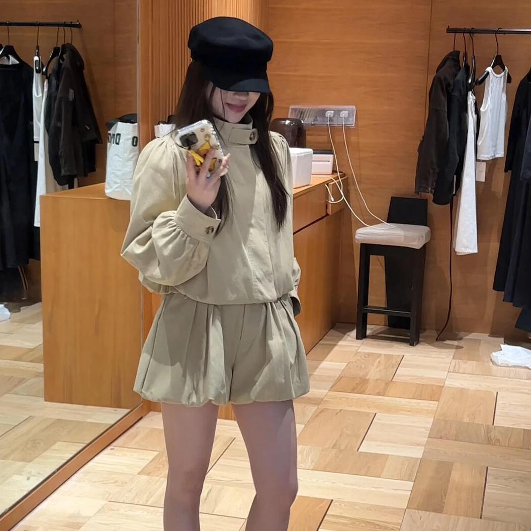 韩系休闲机车夹克女早秋通勤甜美减龄设计感立领上衣花苞裤两件套