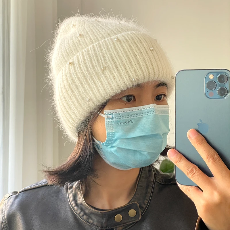 优雅兔毛针织帽女软糯亲肤冬季户外保暖毛线帽氛围感外套百搭帽子