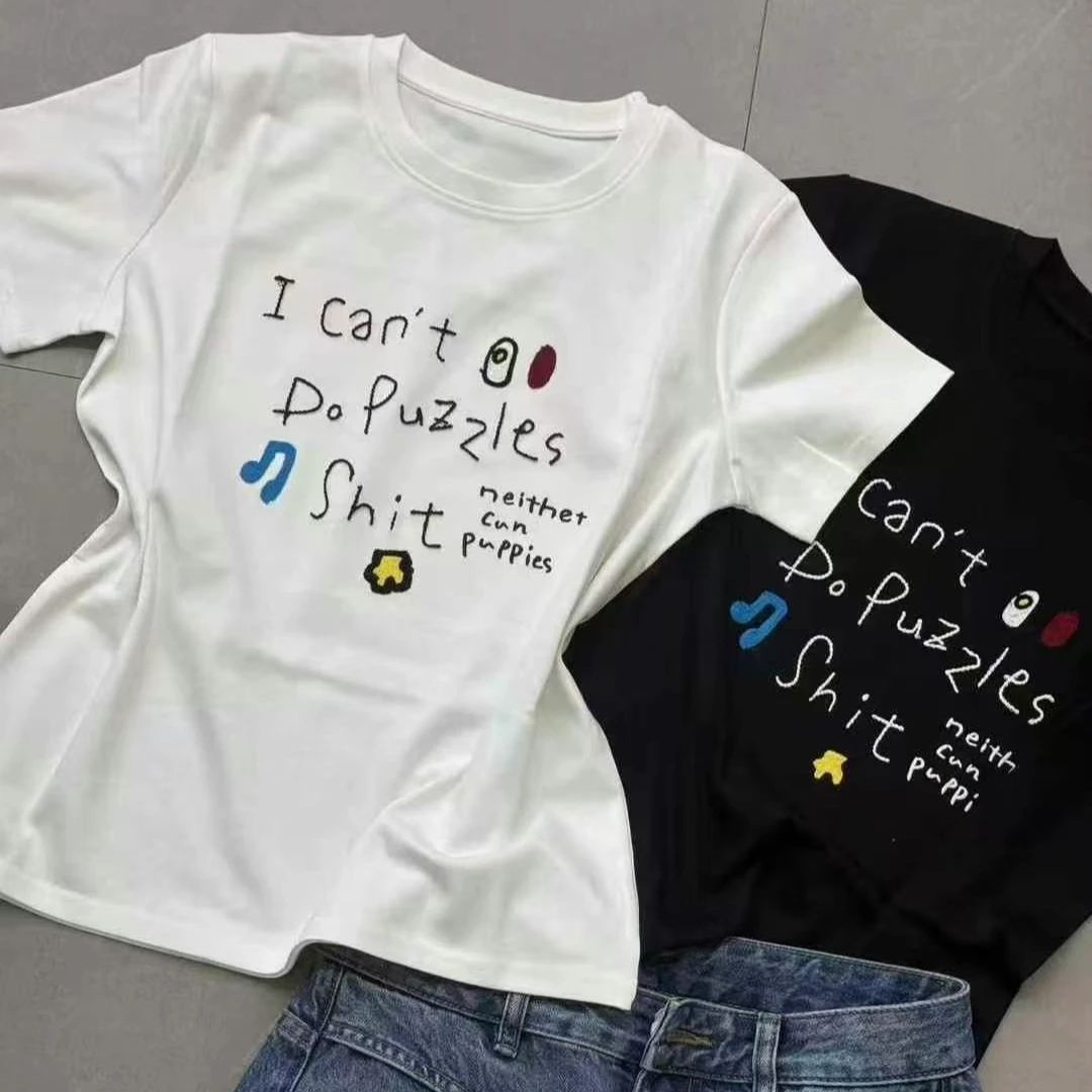 2806#新款韩版时尚圆领短袖刺绣立体字母减龄T恤上衣修身设计感