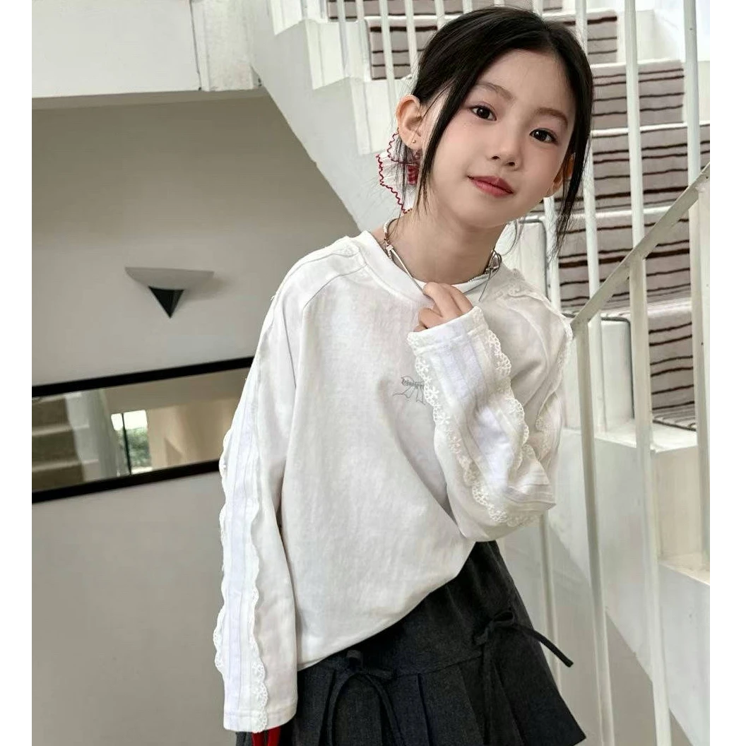 【苏舒童装】2025春秋季新款女童蕾丝拼接长袖T恤宽松阔版简约25831