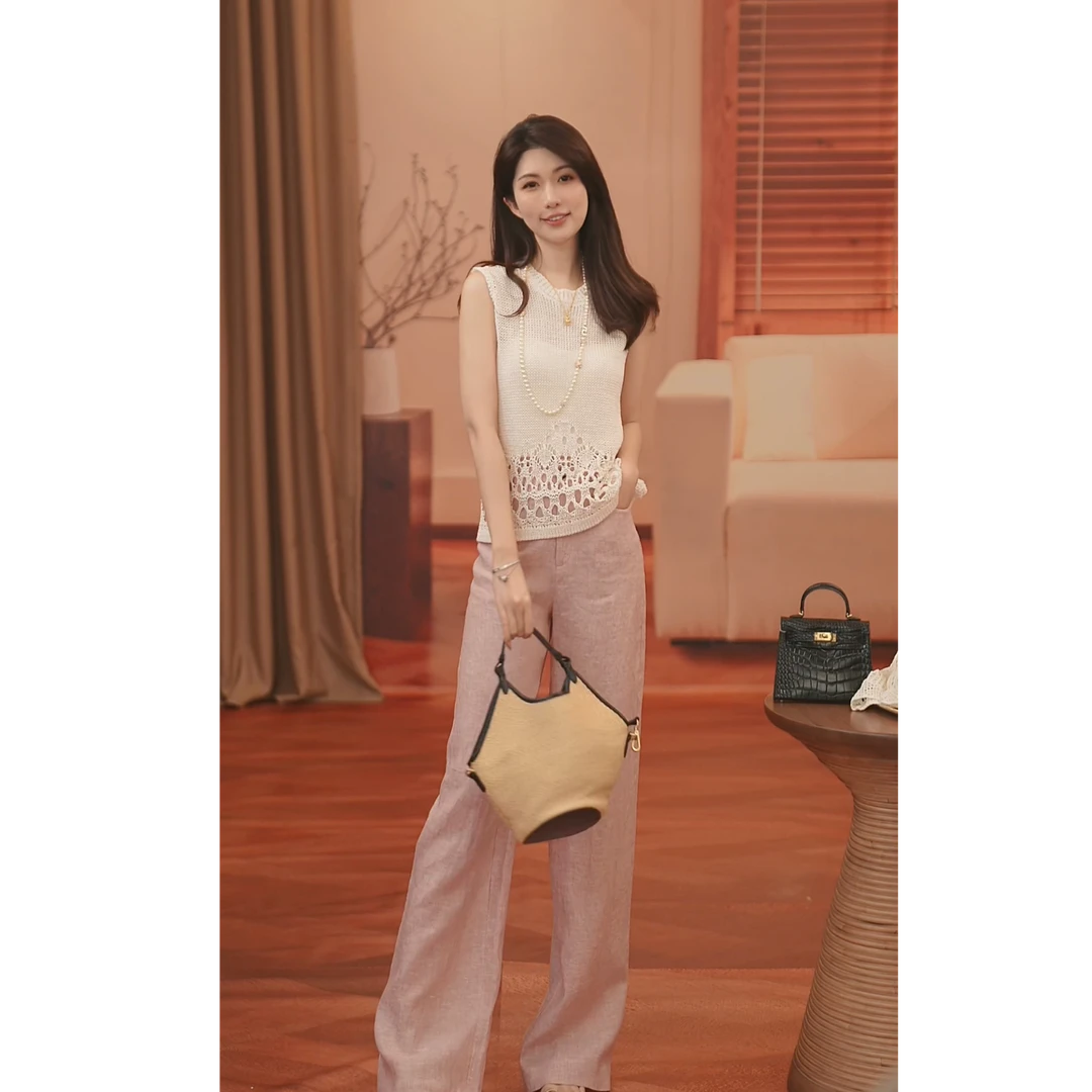 LP系列新款女装洋气时髦气质裤子女款夏季亚麻高腰直筒裤-2078