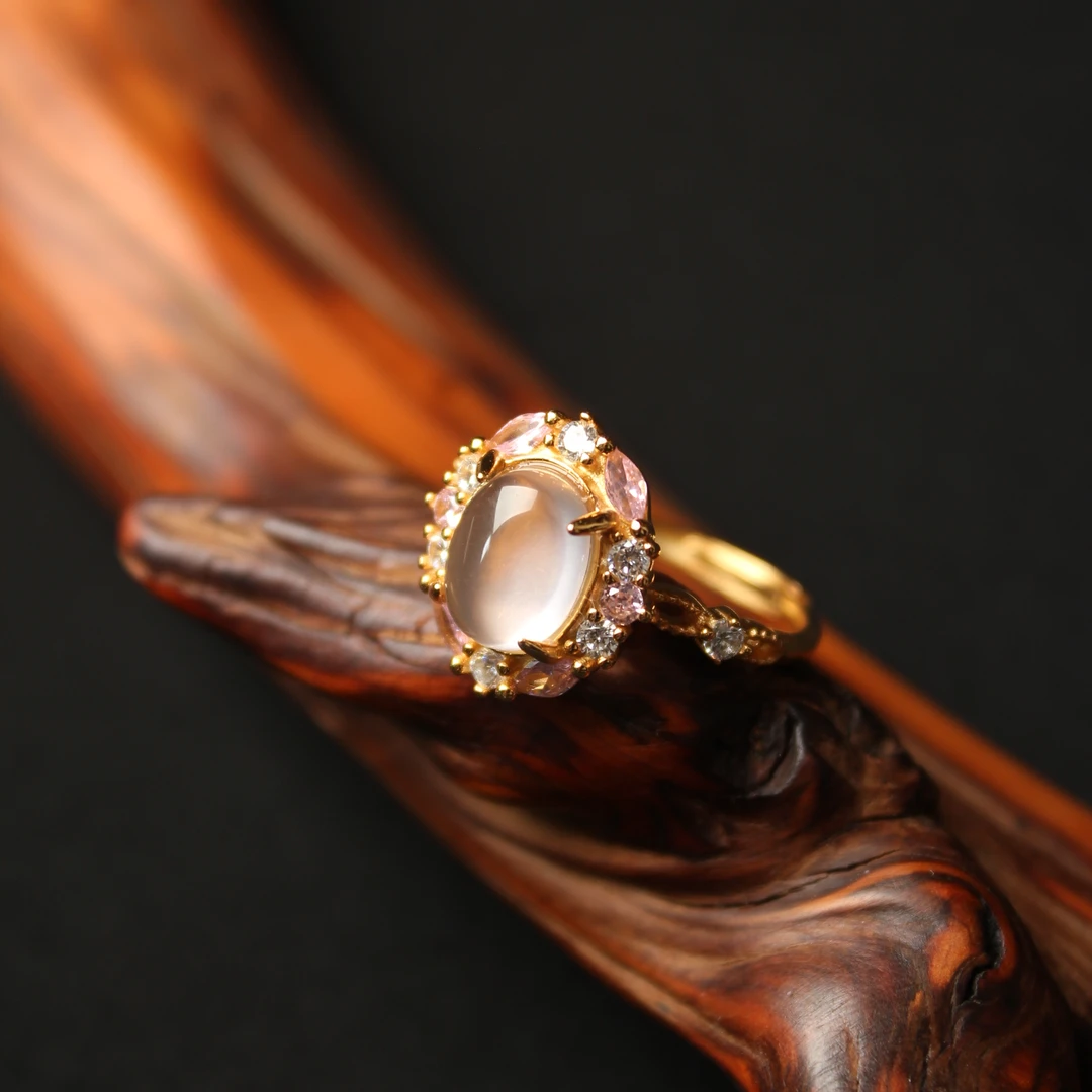 公主粉S925银镀金镶嵌天然粉水晶戒指时尚开口可调节