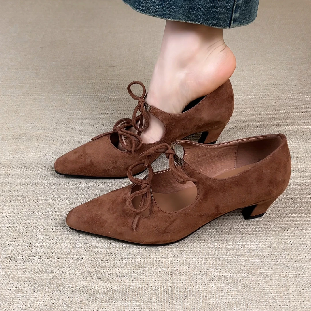 RubyL•34-39/5cm通勤气质百搭街头尖头浅口双蝴蝶结粗跟软底单鞋