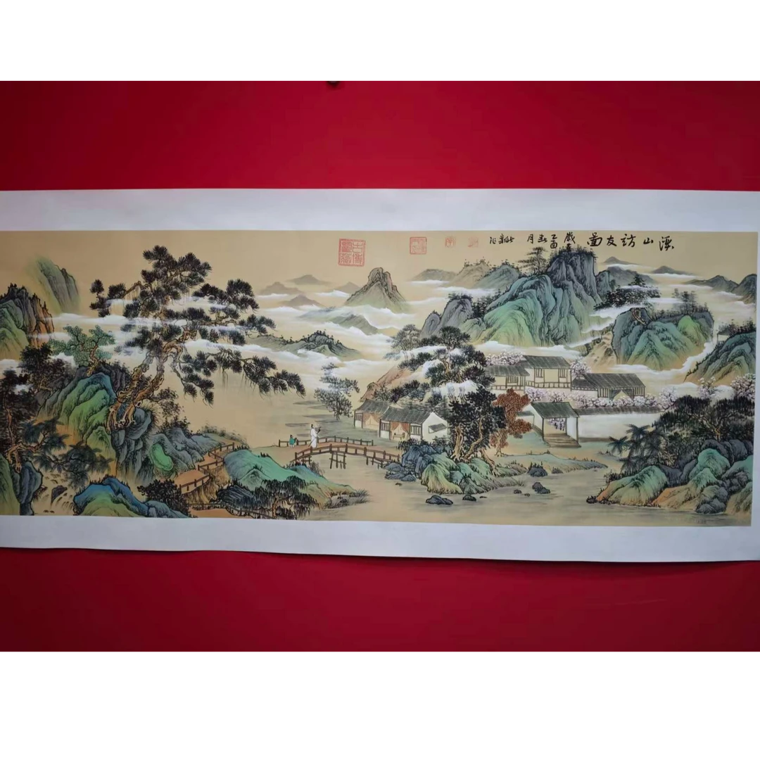 李新社手绘宣纸六尺横幅溪山访友-山水画