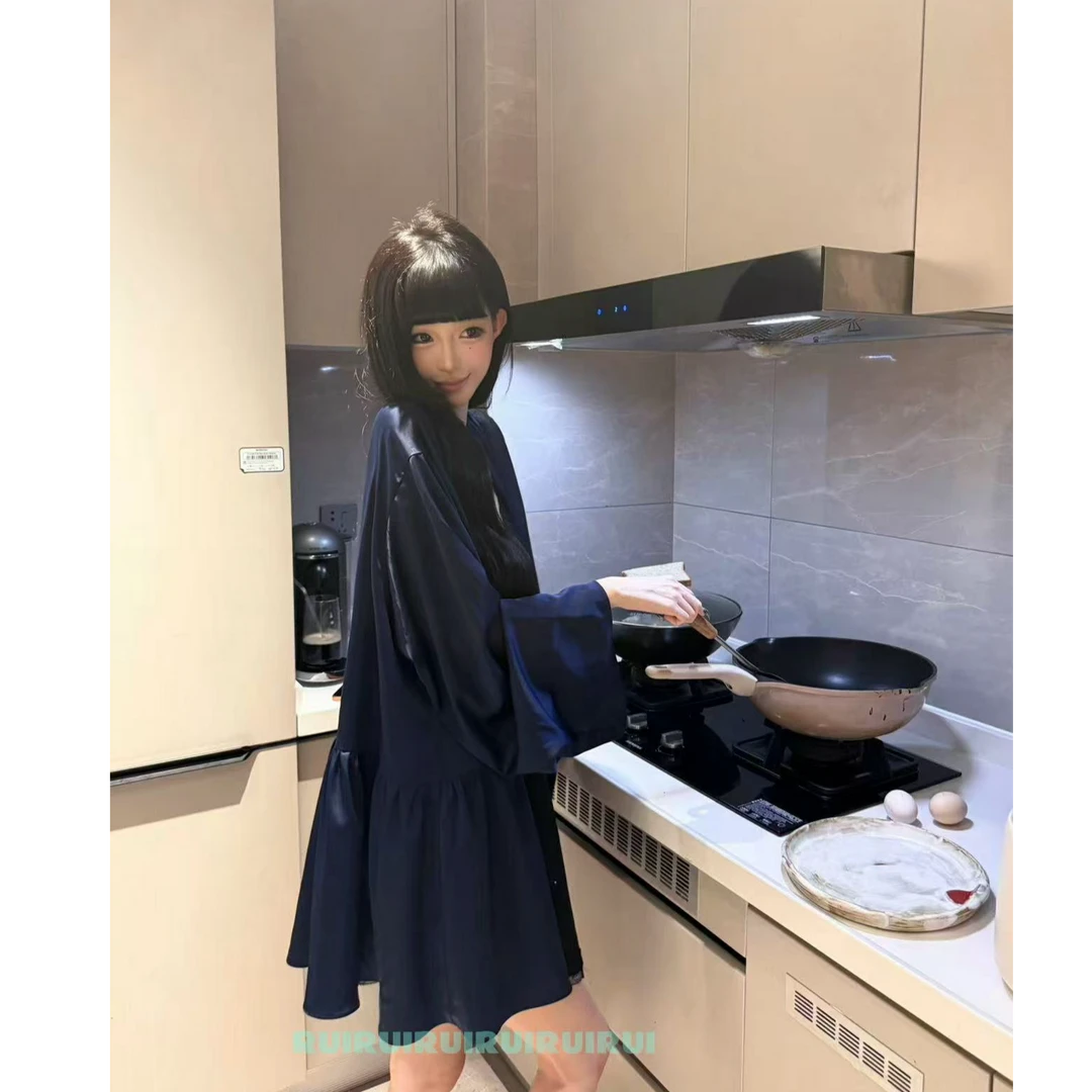 【HAN】冷调深海蓝 醋酸宽松外套女收腰系带+蝴蝶后背短裙女D0598