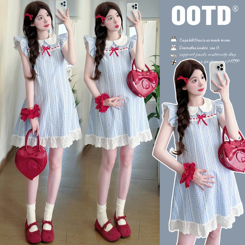 时髦孕妇装新款2025夏季时尚格子蝴蝶结花边拼接可爱飞飞袖连衣裙
