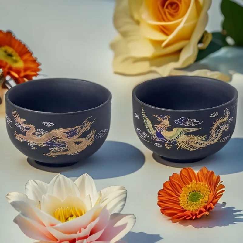 ZHTJ473-黑泥紫砂龙凤变色禅定对杯陶瓷纯手工主人杯精美黑金