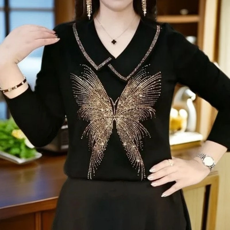 秋季新款时尚设计感烫钻蝴蝶气质百搭减龄显瘦遮肉妈妈打底衫上衣