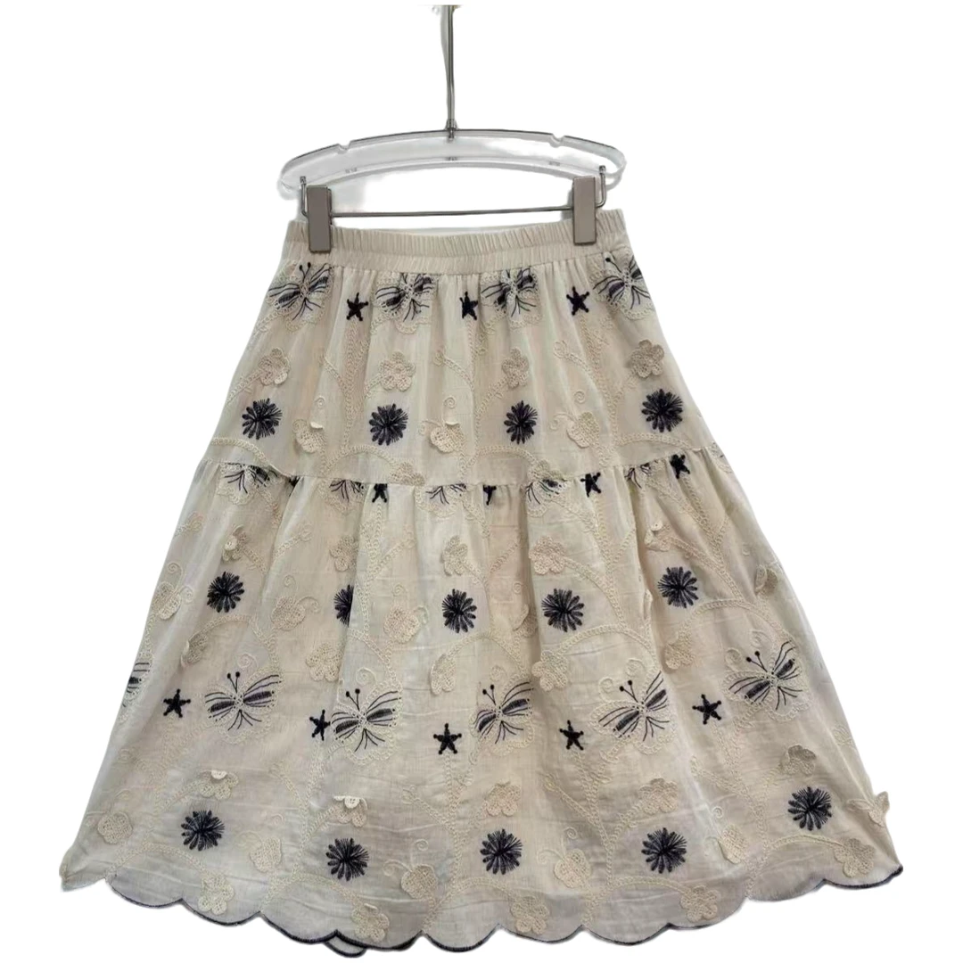 桐然精选661#夏季新款高端气质百搭显瘦立体绣花松紧腰中长裙