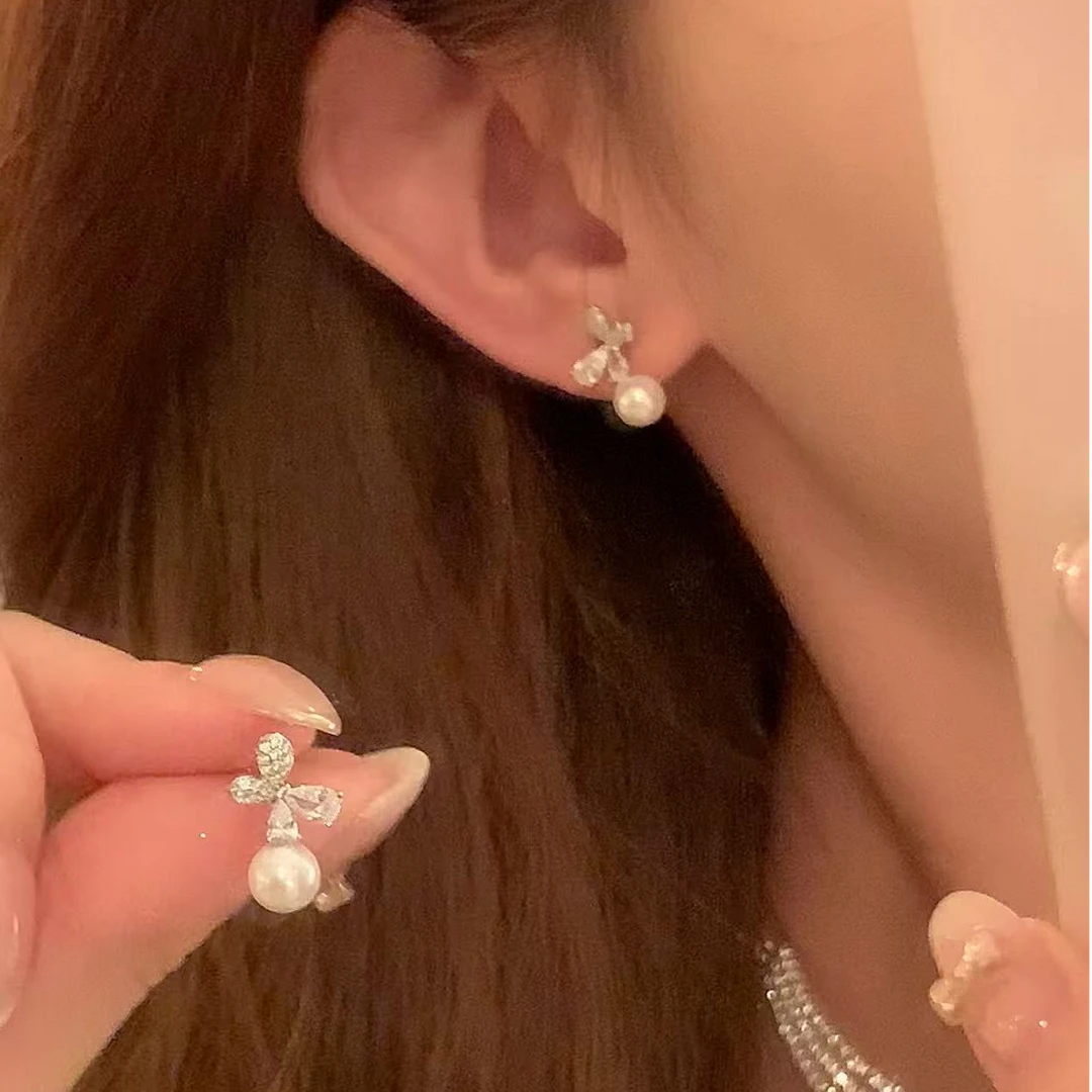 芒果饰品 铜合金锆石耳饰 夏日闪锆蝴蝶珍珠耳环女气质耳钉耳饰