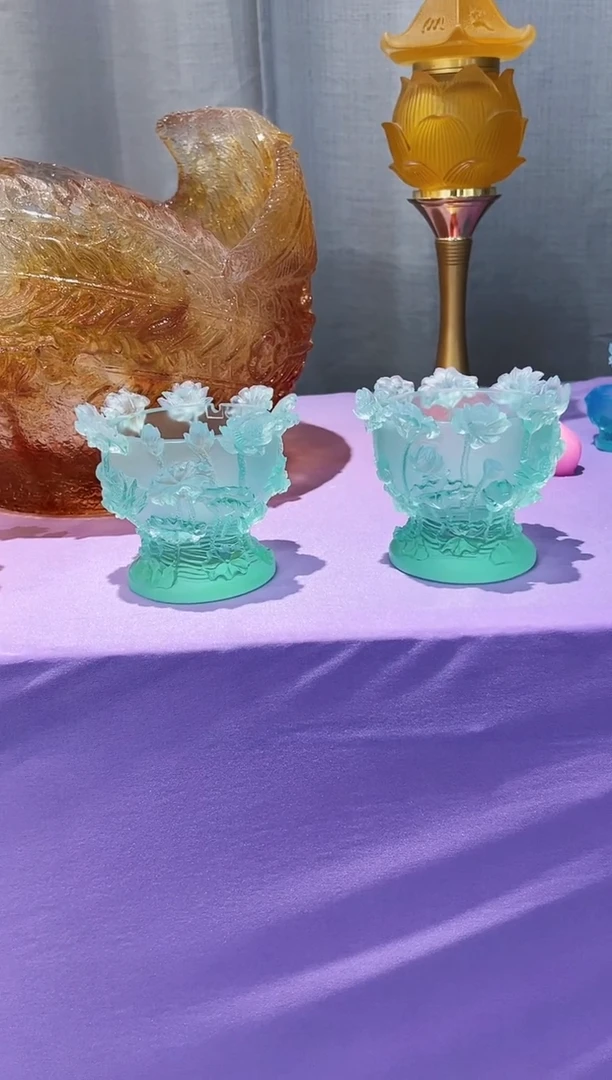 泥塑古法琉璃大号天青色油灯一对带灯罩摆件