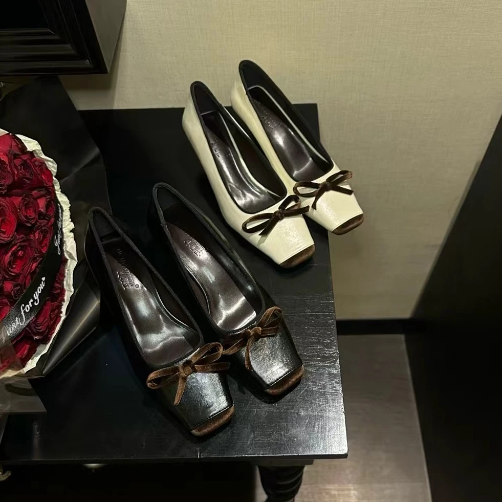 方头蝴蝶结韩版浅口气质小皮鞋玛丽珍女士单鞋漆皮时尚百搭低跟