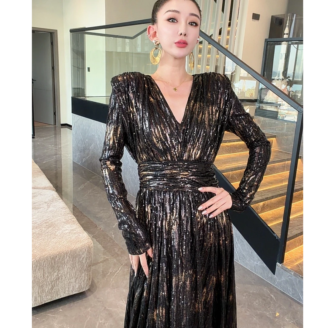 【宝姐家/连衣裙】新款年会春节必备重工蕾丝显瘦优雅气质裙亮片女