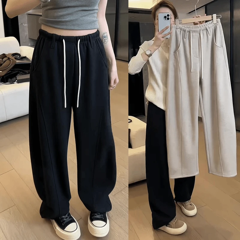 2025冬季加绒大码女装抽绳弯刀阔腿休闲裤胖mm遮肉显瘦香蕉拖地裤