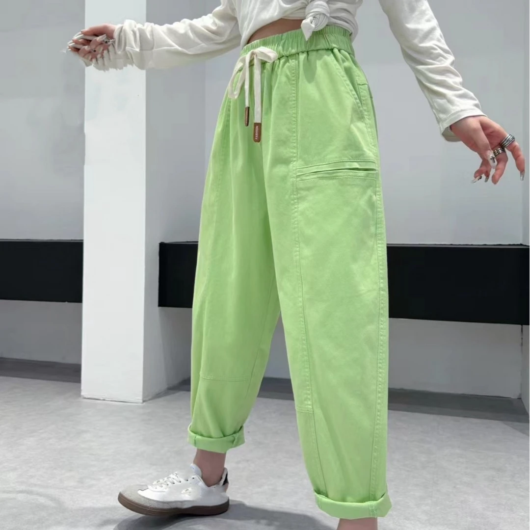 奇奇家潮派大码春夏款宽松韩版高腰高弹洗水彩色休闲裤