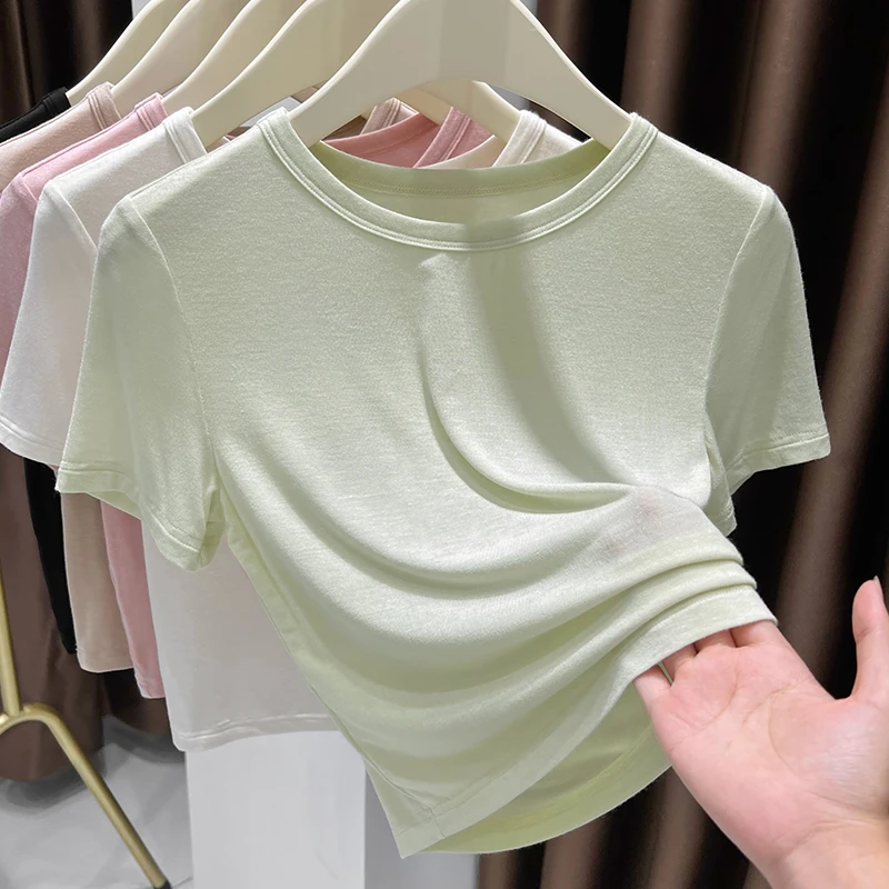 绿色冰丝短袖圆领超弹皮肤衣上衣女打底2025夏季紧身爆款T恤小衫
