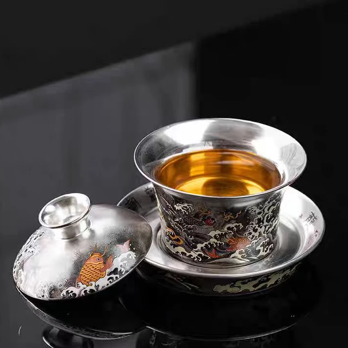 郑文强鱼化黑龙三才盖碗复古泡茶功夫茶礼盒Y15