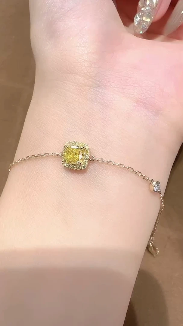 18K金镶嵌实验室培育钻石手链黄垫形黄钻70分围镶15-17