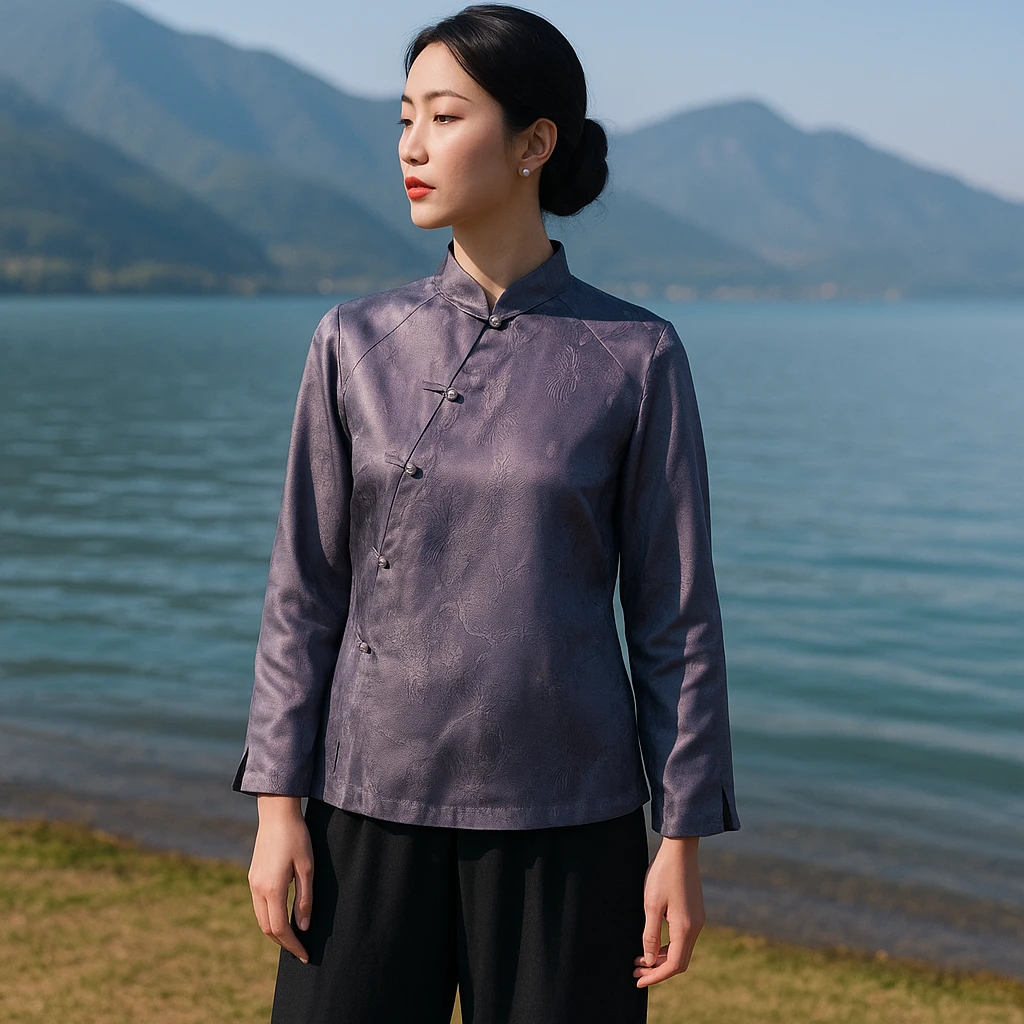 薄款宽松型长袖秋季立领衬衫女装新中式文艺怜衣透孔萝衬衣（平角）