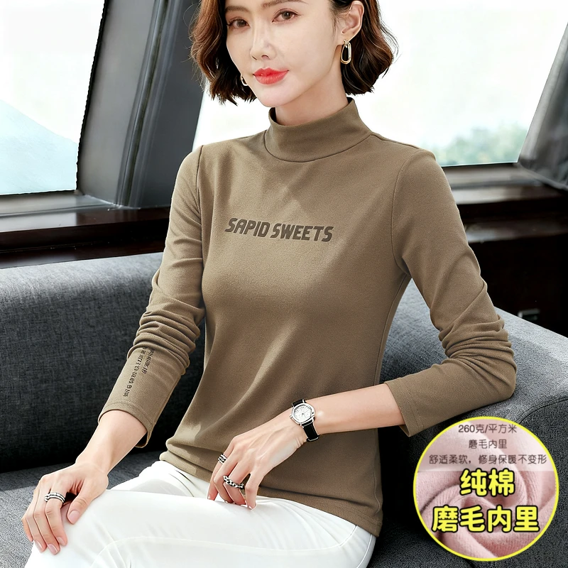 纯棉磨毛高领打底衫女春秋冬季加厚中领时尚洋气内搭长袖t恤上衣