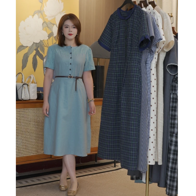 蓝绿色棉麻衬衫裙2025夏季新款气质优雅收腰连衣裙