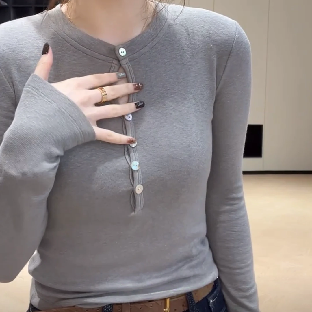 雪花绒打底单排扣镂空内搭显瘦上衣2025新款冬季修身百搭长袖T恤