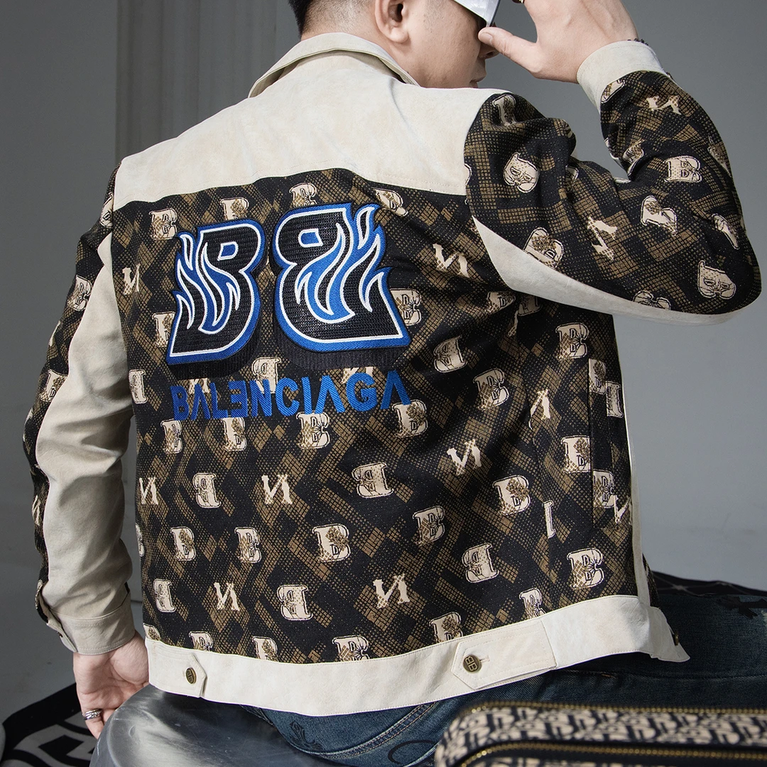 贾鲁萨加高端时尚春秋新款潮牌刺绣拼接夹克男士翻领休闲工装上衣