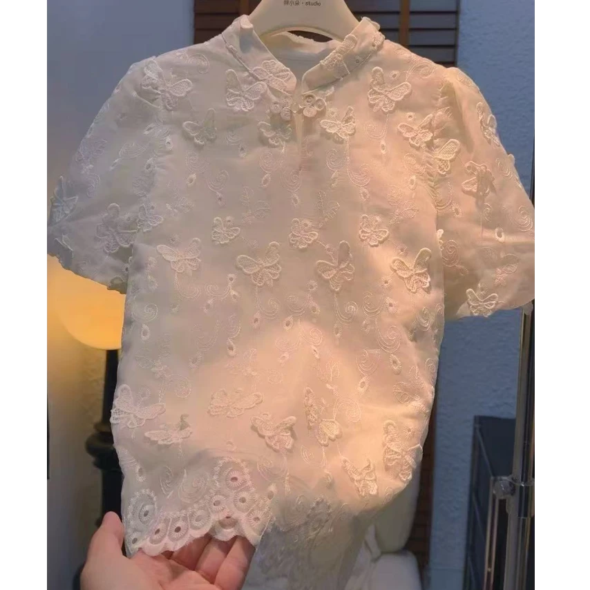 E078新中式爆款立体蝴蝶中国风蕾丝刺绣精致盘扣上衣女夏季衬衫