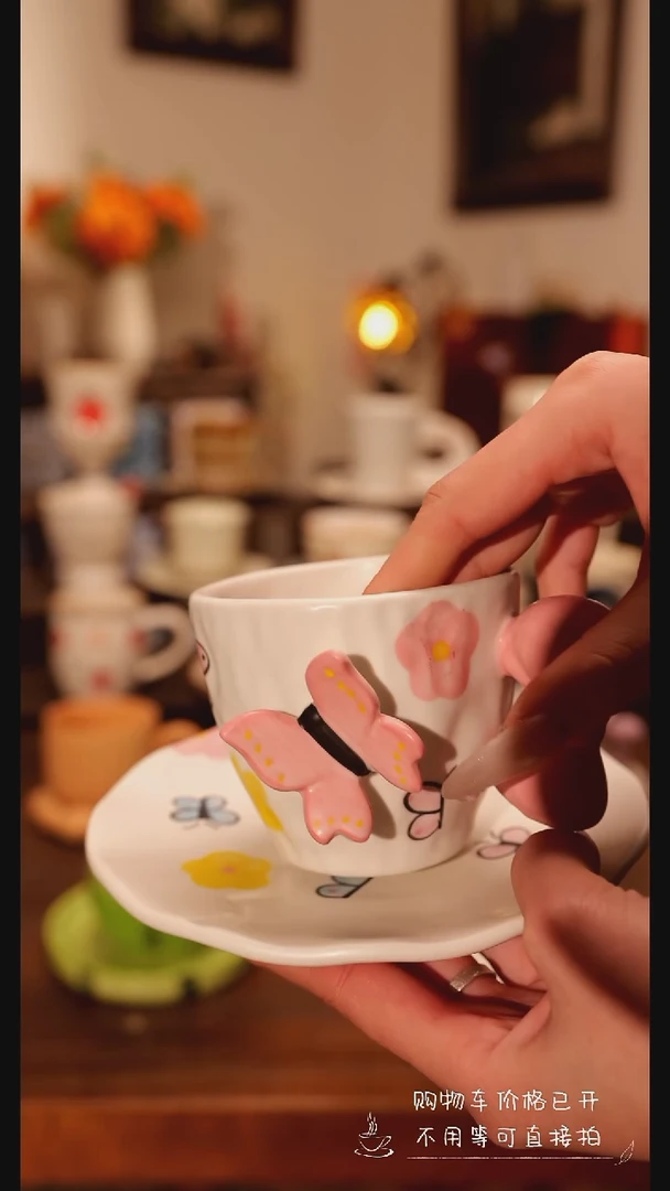 陶瓷便携款蝴蝶杯碟手作  手绘釉下彩