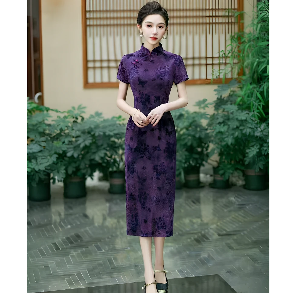 婉晴 日常旗袍优雅风夏季新中式紫色高弹力显瘦修身高腰裙复古