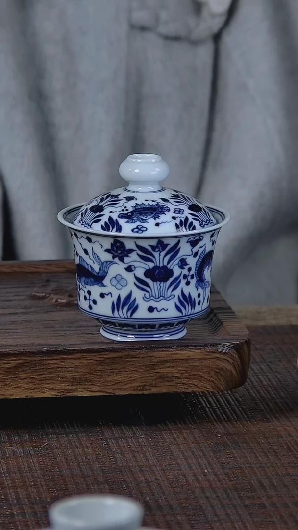 【闪购商品】折葵非器手工手绘鱼藻马蹄盖碗