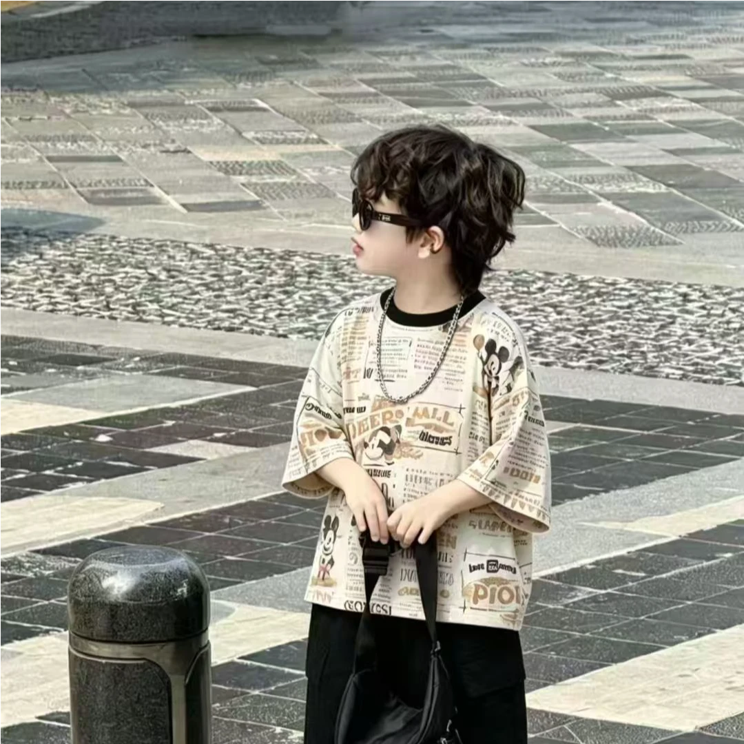 2026夏季新款韩版宽松男女童米奇印花牛仔套装休闲百搭潮流A-703