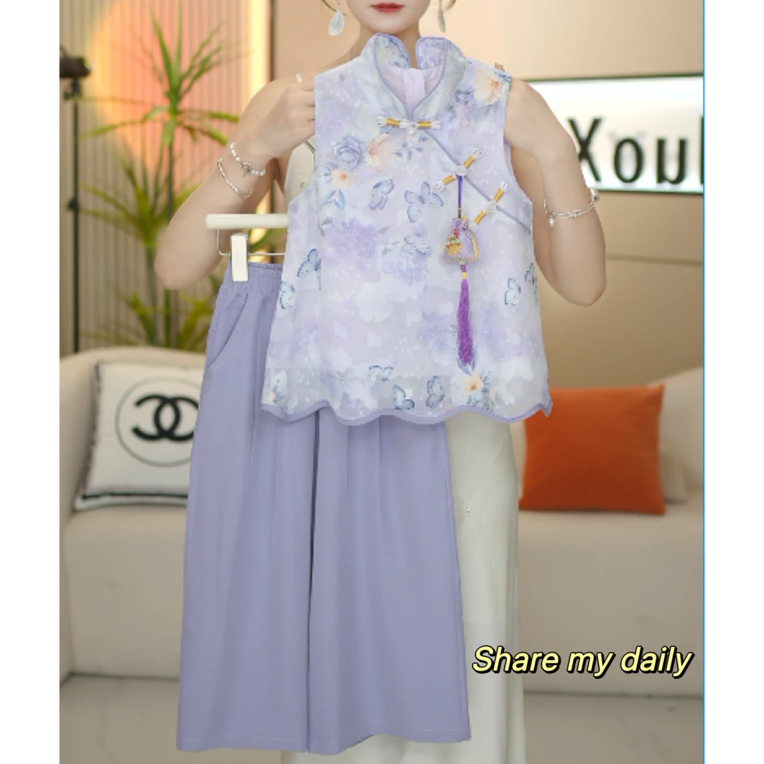 女童2025夏季新款改良国风上衣+直筒裤两件套 -6254