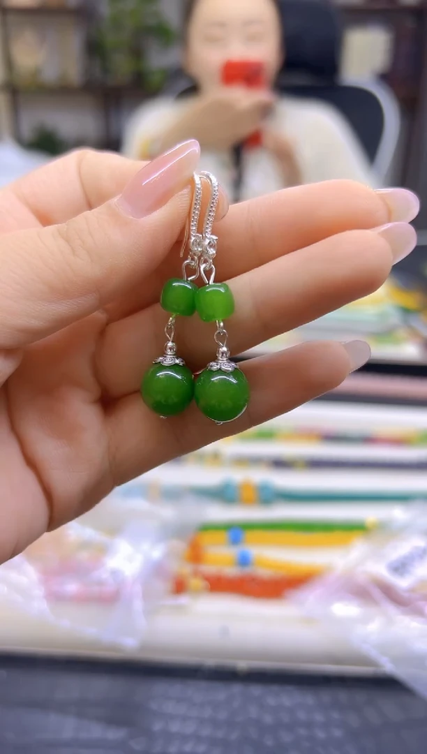 银S925镶嵌和田玉（碧玉）耳饰DIY款E902