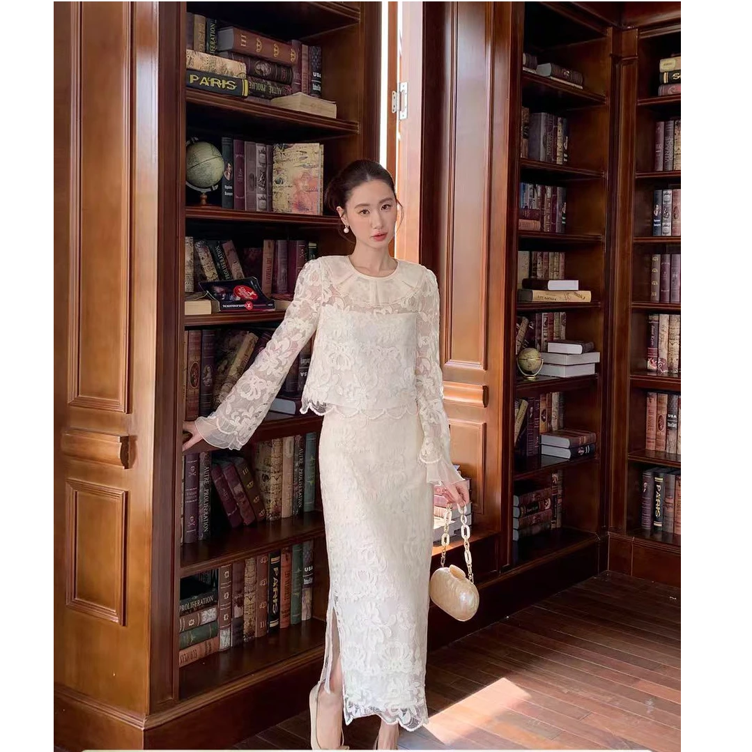 【25010】法式绣花蕾丝上衣半裙套装女2025春气质纯欲仙女风两件套