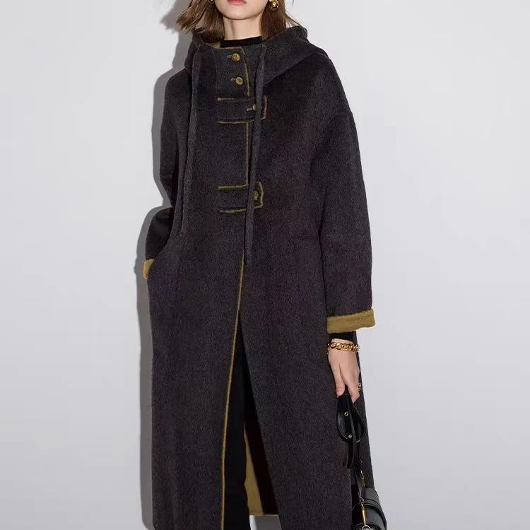 通勤雅丹率性风毛呢外套女士加厚秋冬连帽气质黑色