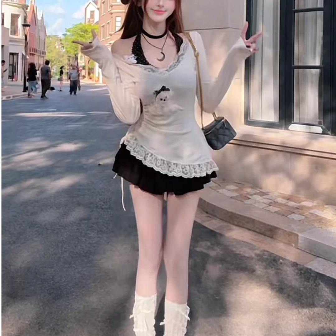 法式纯欲风套装女秋冬季收腰显瘦波点吊带连衣裙不规则罩衫两件套