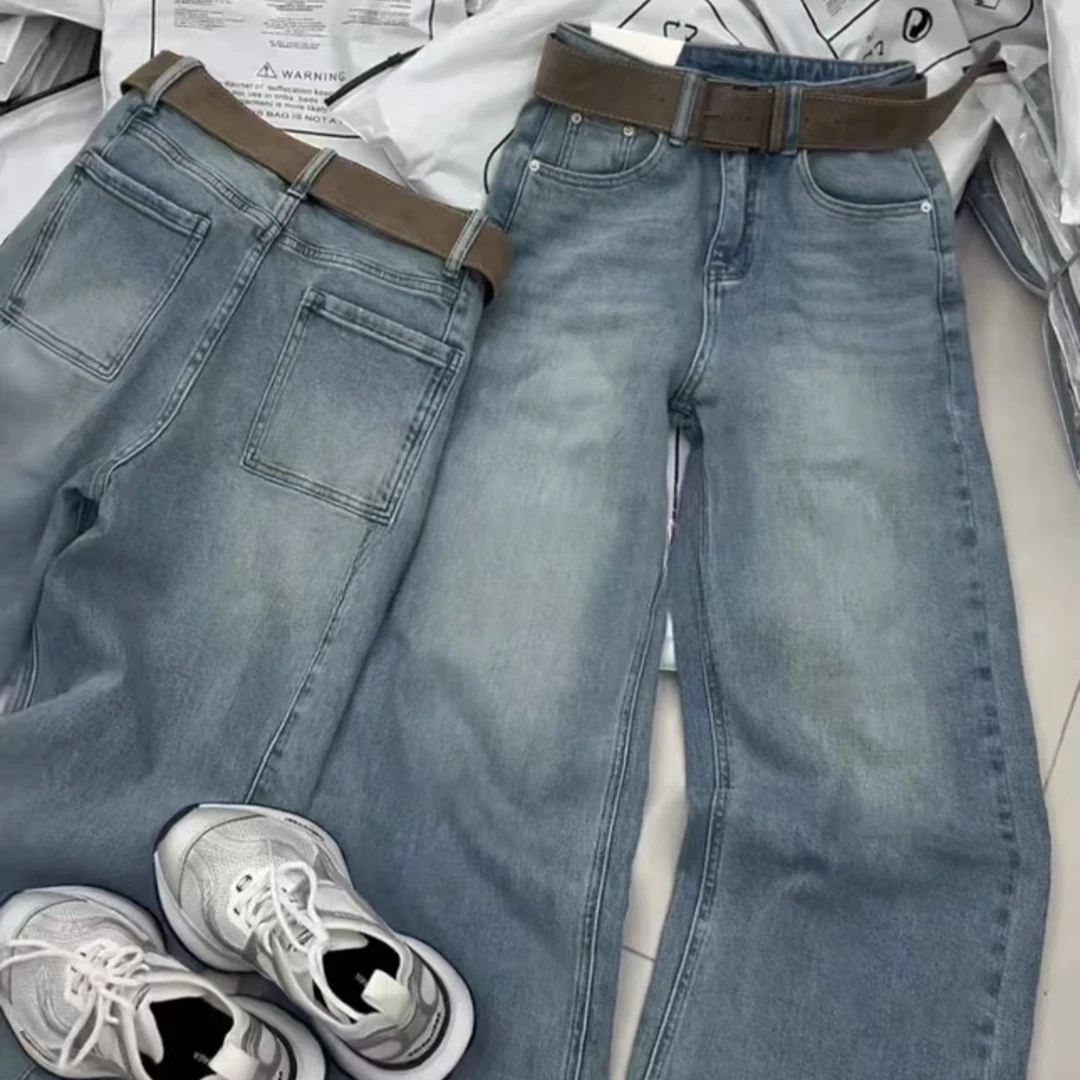 新款微弹显腿长直筒裤牛仔裤