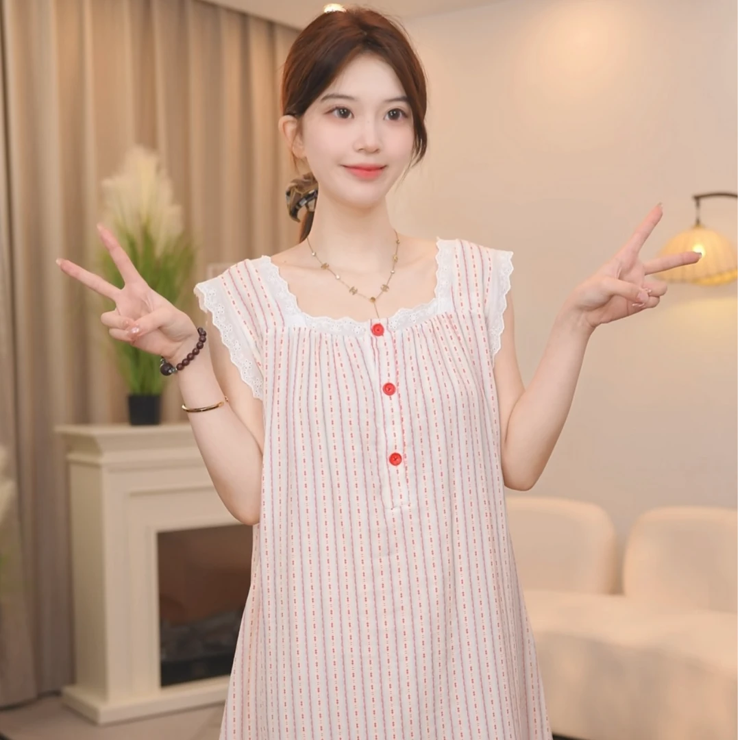 板栗小姐【桃漫睡裙】女士夏季高定纯棉棉纱薄款睡衣宽松家居服睡裙