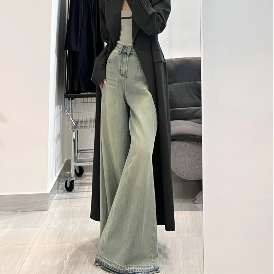 美式高街复古水洗阔腿牛仔裤女新款高腰宽松显瘦百搭垂感拖地裤子