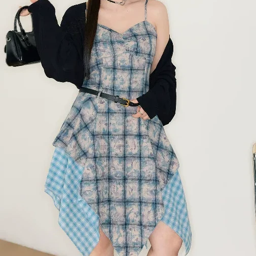 微胖mm拼接不规则格纹吊带裙大码连衣裙9901