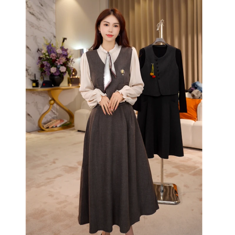 G9235轻熟风假两件连衣裙女2025春秋新款高腰长袖通勤法式裙子