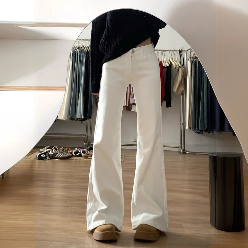 白色微喇牛仔裤女2025春季新款低腰辣妹显瘦不贴腿加长拖地喇叭裤