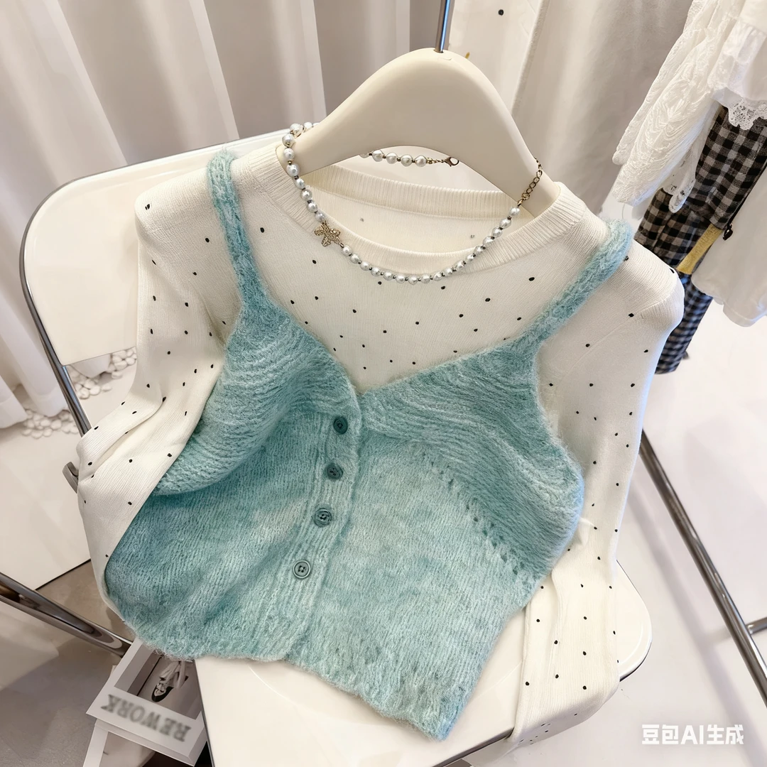 氛围感温柔彩纱针织吊带背心女秋季新款百搭显瘦气质软糯毛衣上衣