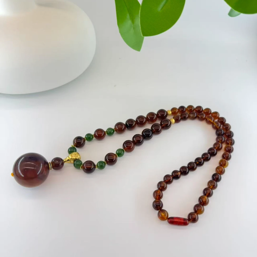 苏芳珠宝-28mm天然缅甸灵草珀大单珠项链时尚气质百搭单圈项链