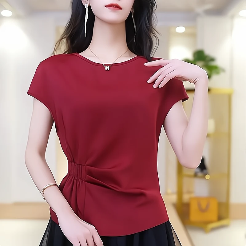 2025夏季新款高级感缎面气质时尚短袖T恤女小衫洋气显瘦百搭上衣
